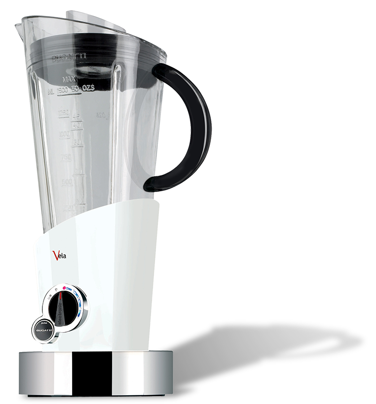 Biały blender Vela Bugatti z eleganckim designem i czarnymi akcentami.