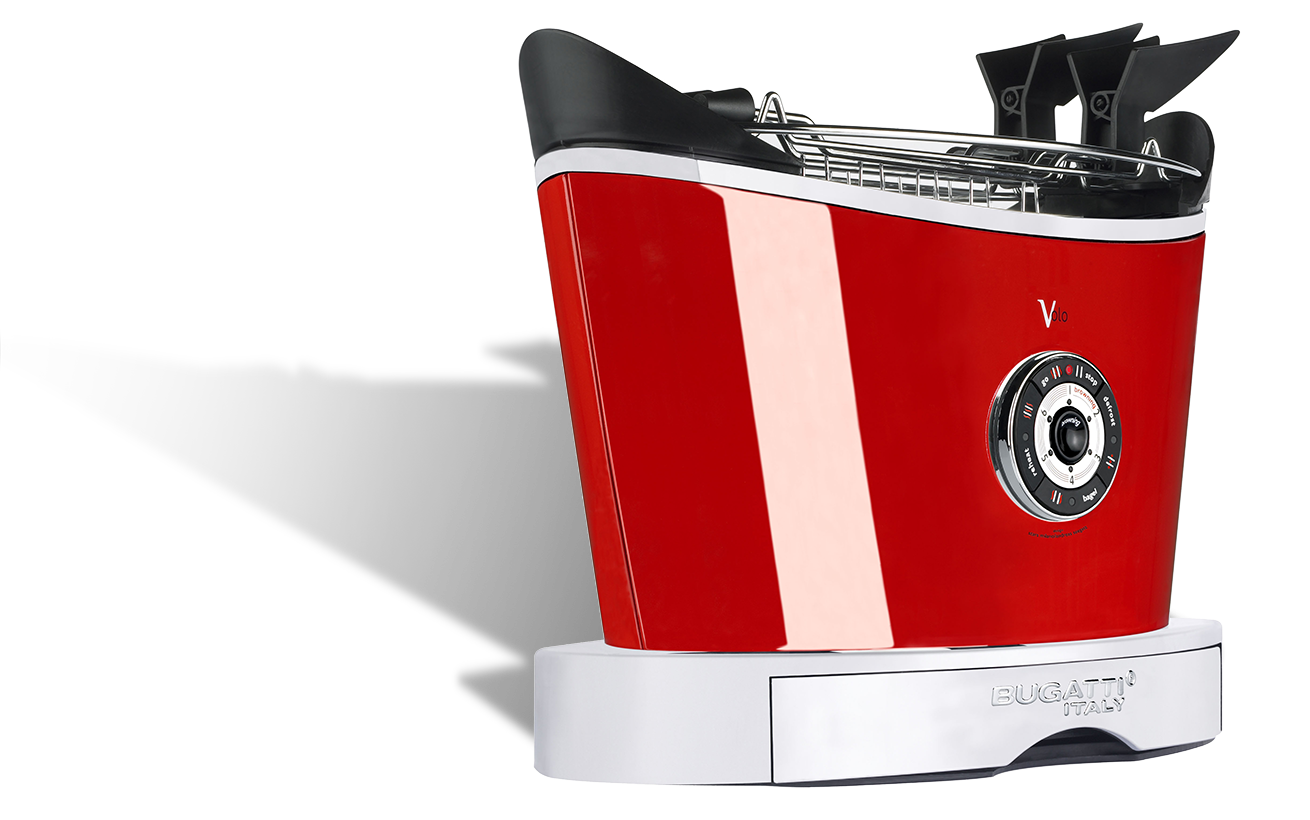 Elegancki czerwony toster Volo marki Bugatti, nowoczesny design.