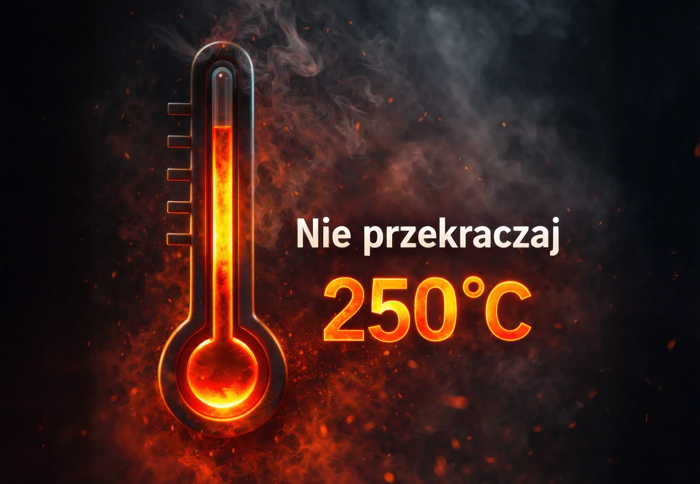 Termometr i napis "Nie przekraczaj 250°C" na tle ognia i dymu.