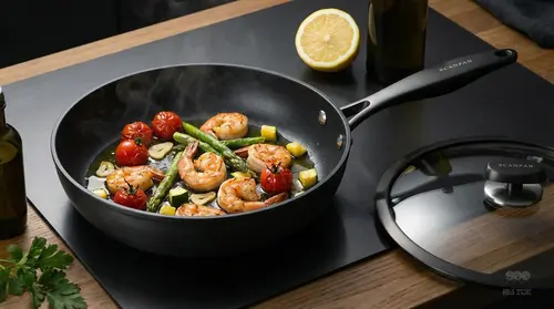 Scanpan Pro SB+ tytanowo-ceramiczna patelnia Ø 28 cm z pokrywką na kuchennym blacie.